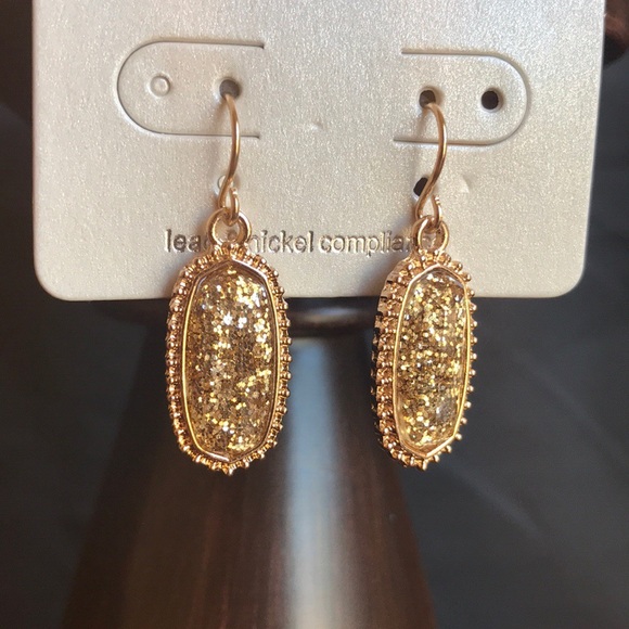 No. 3 Gold and Gold Glittered Drop Earrings - Picture 3 of 7